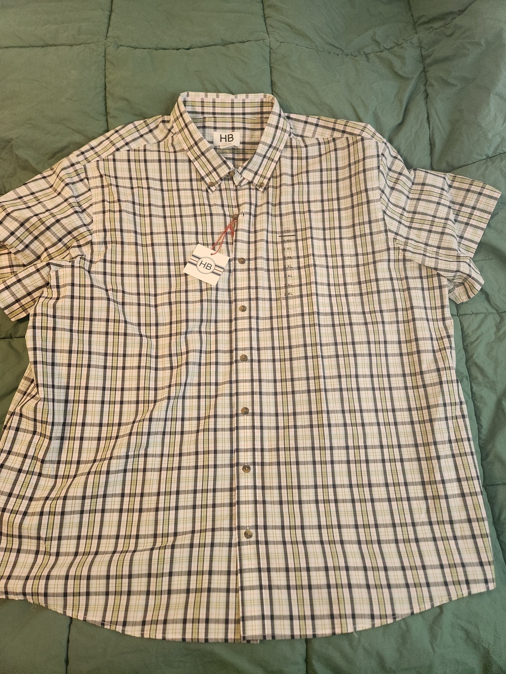Men's Short-Sleeve Plaid Button-Up Shirt — White with Green & Navy